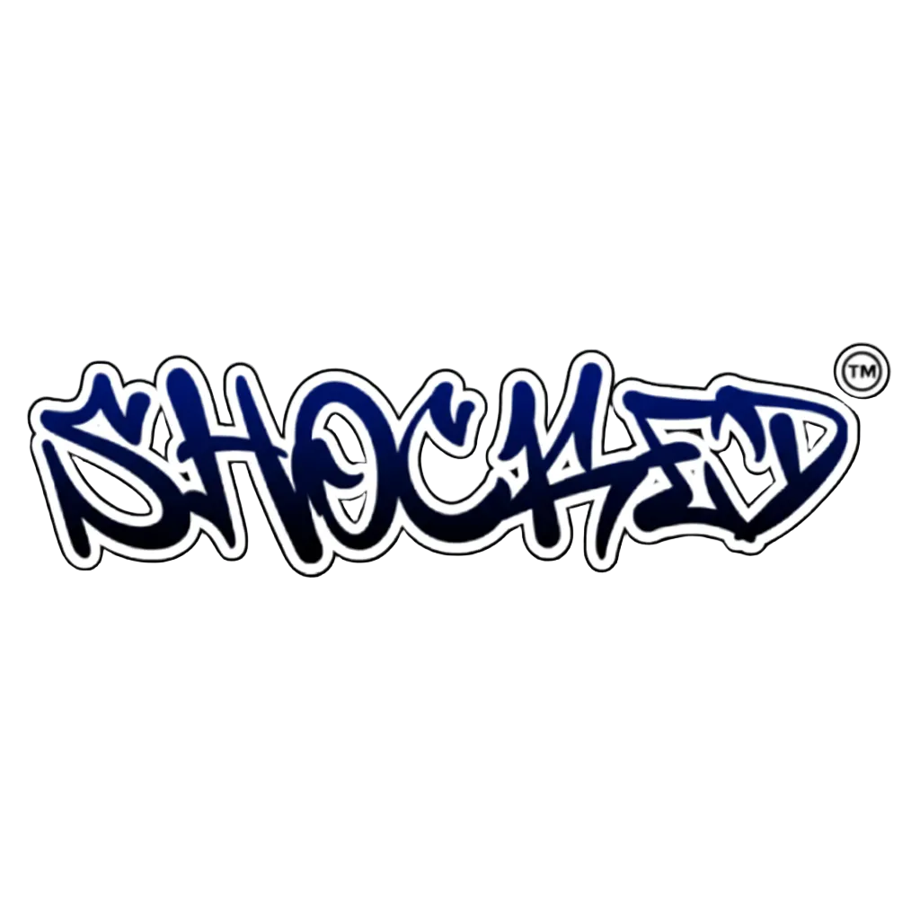 Graffiti-style logo with the word 'SHOCKED' on a white background